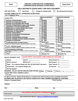 Arizona Corporation Commission Forms Cover Sheet