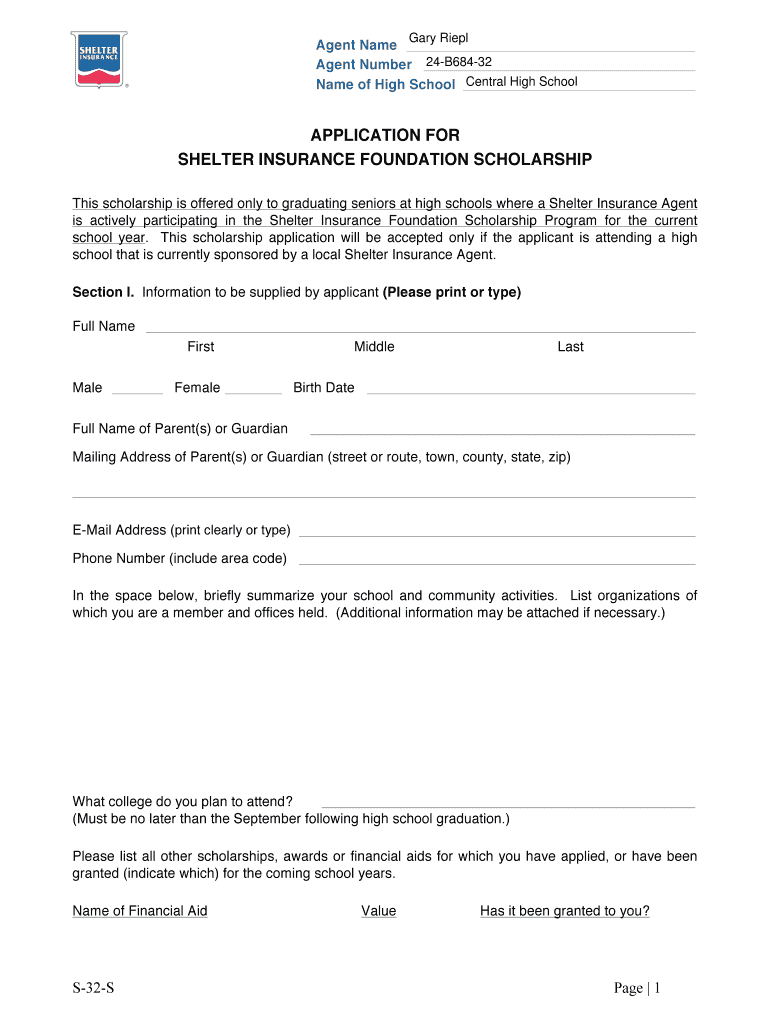 Shelter Insurance Scholarship  Form