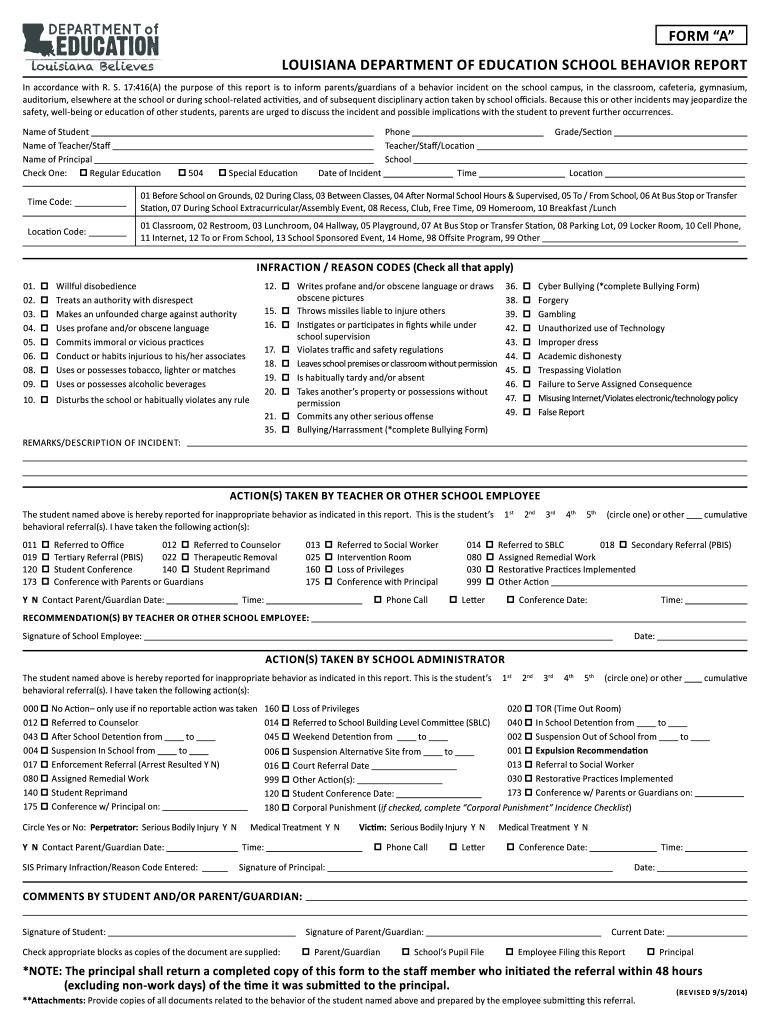 Louisiana Department of Education School Behavior Report  Form