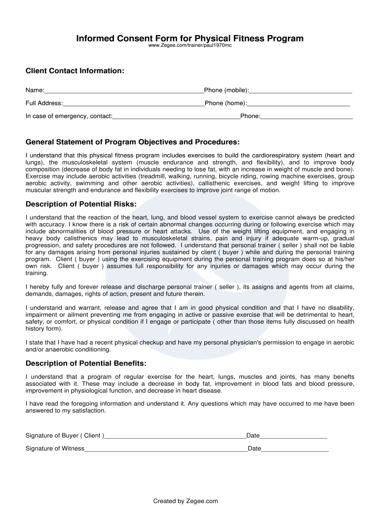 Exercise Consent Form Template