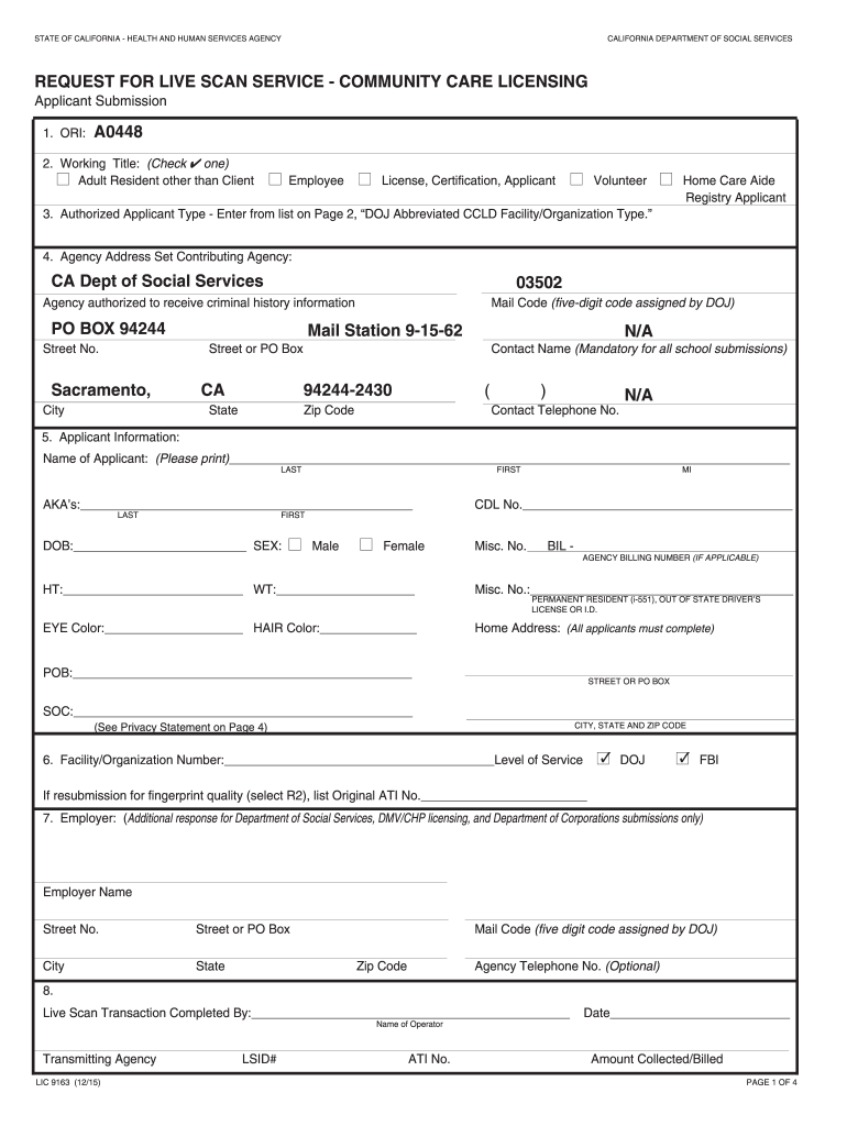 REQUEST for LIVE SCAN SERVICE COMMUNITY CARE LICENSING Cdss Ca  Form