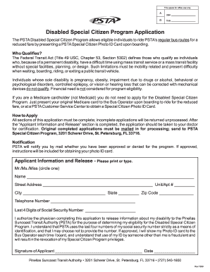 Disabled Special Citizen Program Application PSTA Psta  Form