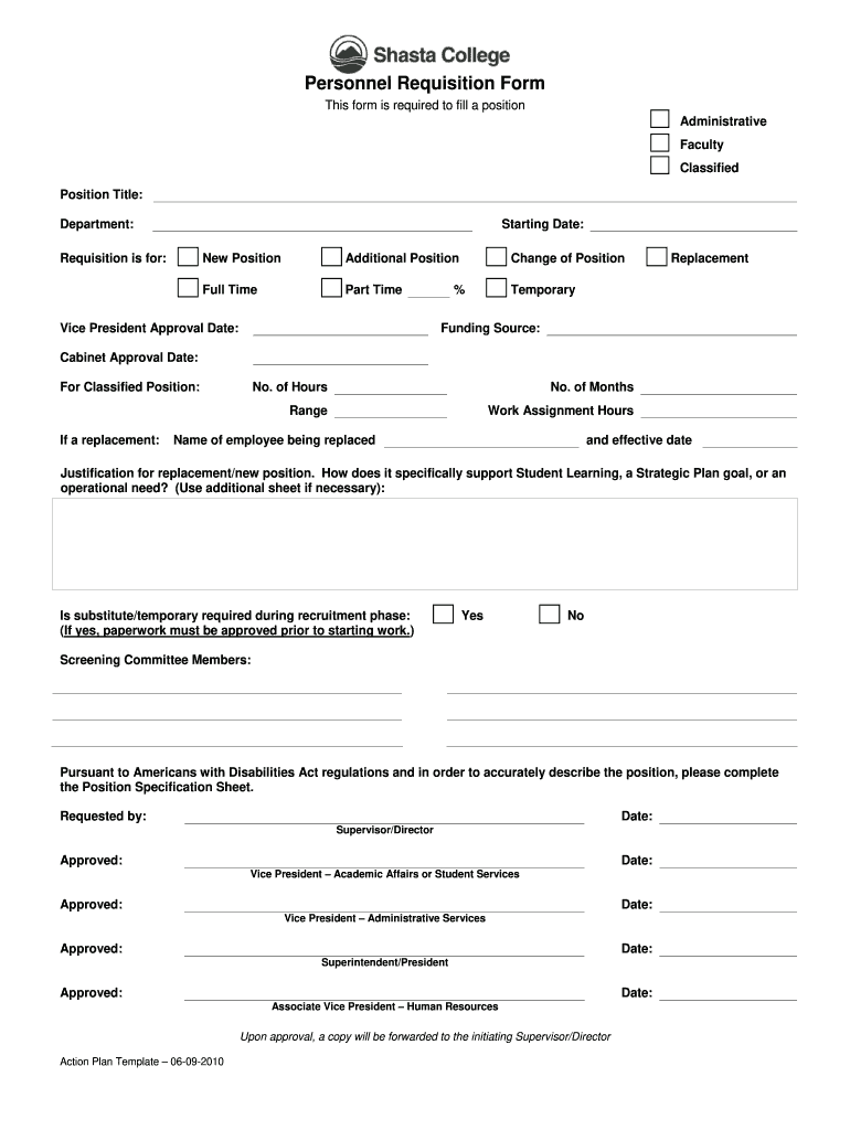 Personnel Requisition Form Shasta College