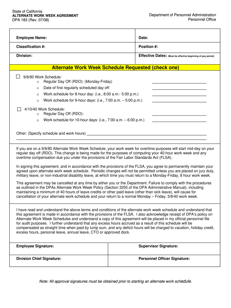 Get and Sign California Work Week Agreement Form 2008-2022