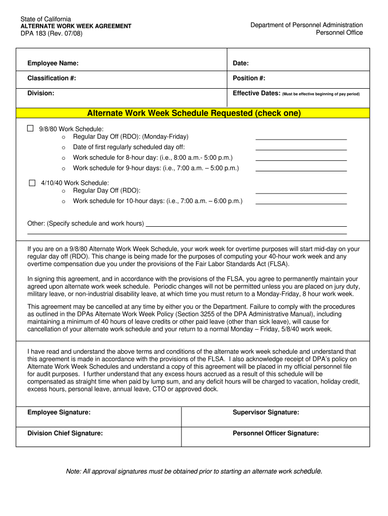  California Work Week Agreement Form 2008