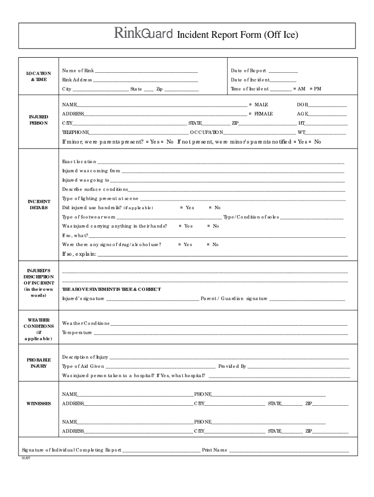  RinkGuard Incident Report Form off Ice  Willis Programs 2007-2024