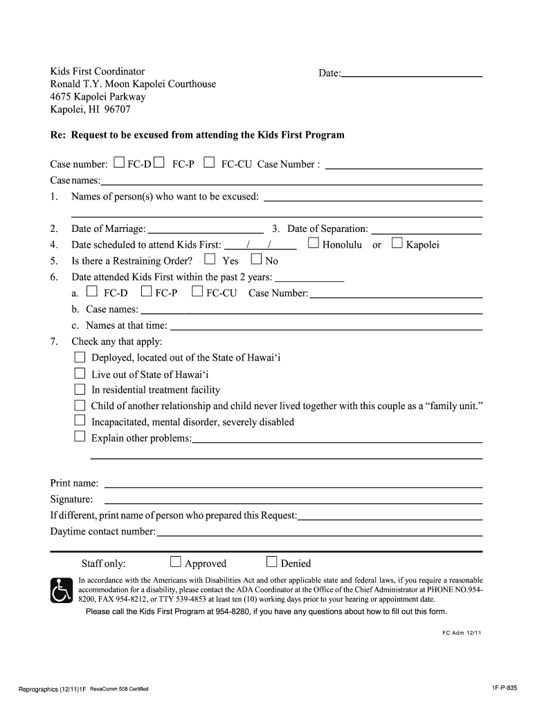 Request to Be Excused from Attending the Kids First Program Courts State Hi  Form