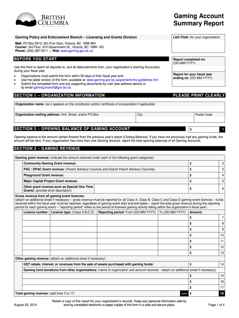 Get and Sign Gaming Account Summary Report Form