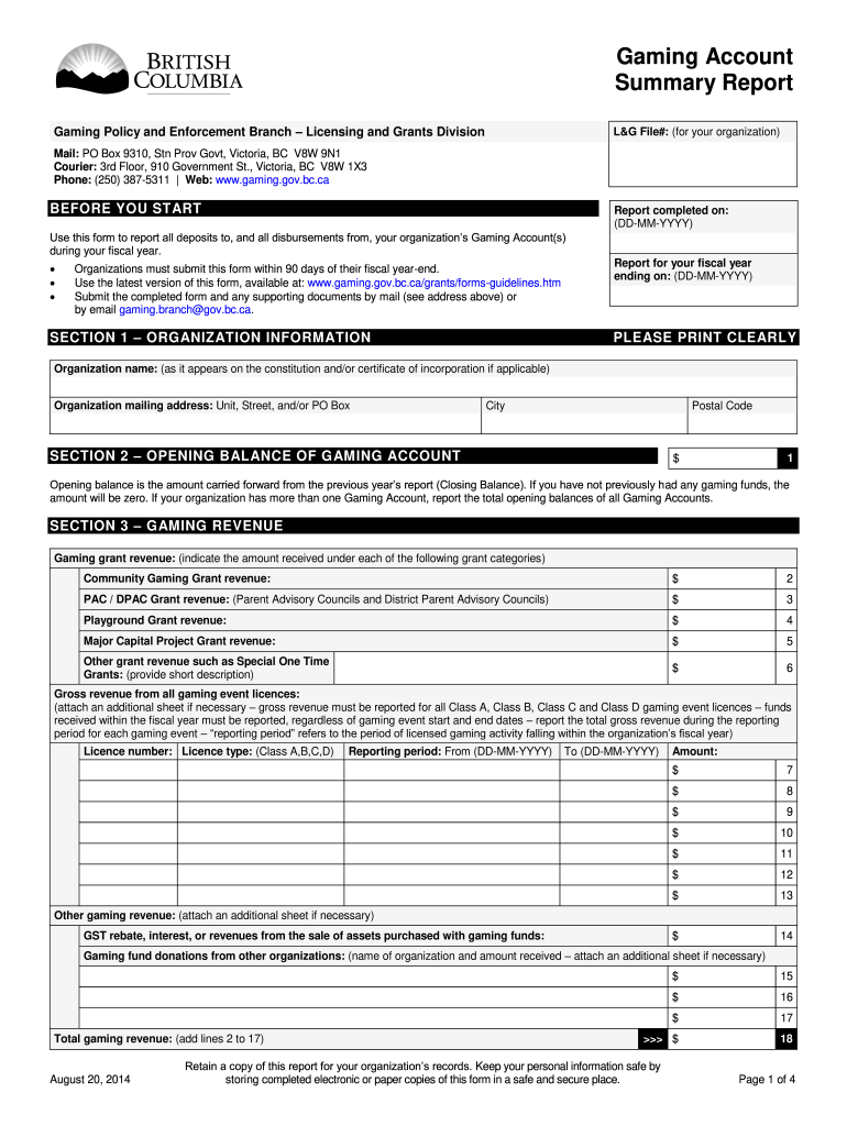 Gaming Account Summary Report Form