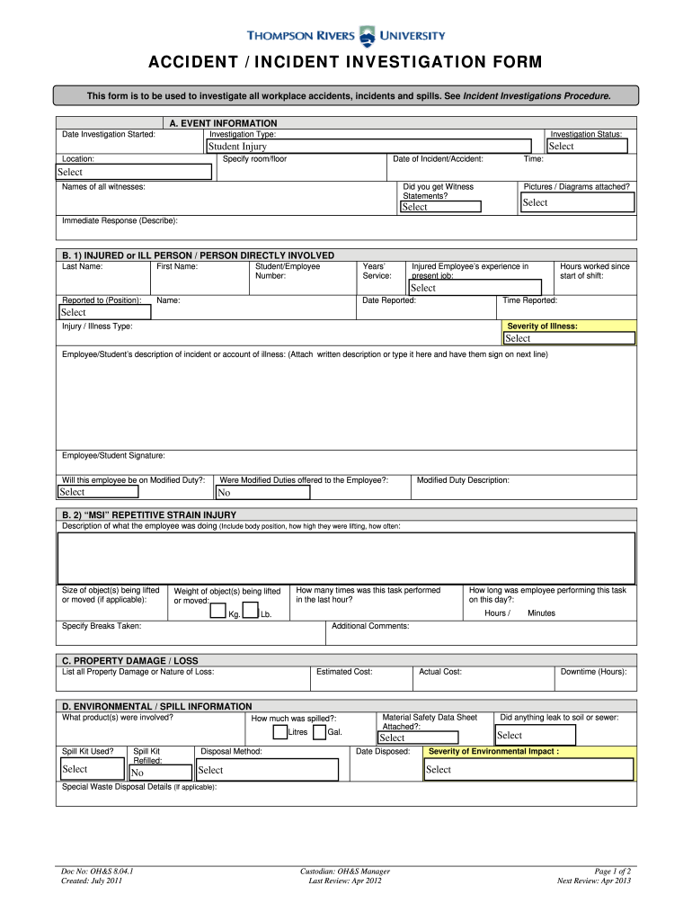  ACCIDENT INCIDENT INVESTIGATION FORM Tru 2012