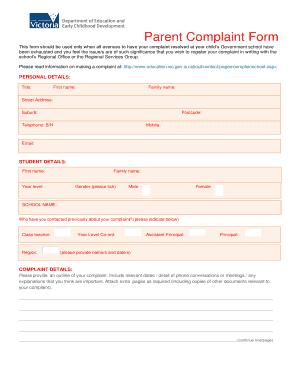 Parent Complaint Form Template