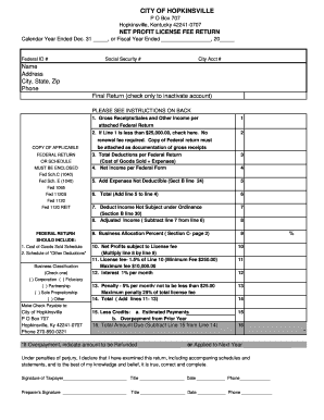 City of Hopkinsville Net Profit License Fee Return  Form