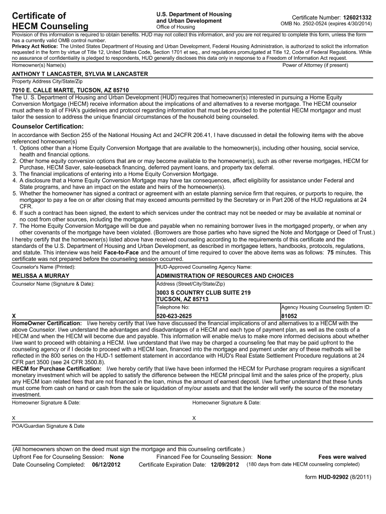  Certificate of Hecm Counseling Form 2011