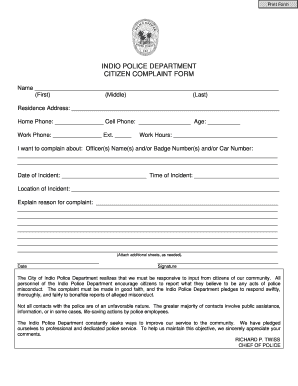 INDIO POLICE DEPARTMENT CITIZEN COMPLAINT FORM