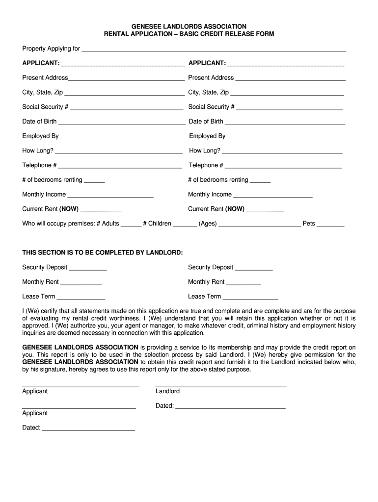 Rental Application Basic Credit  Genesee Landlords Association  Geneseelandlordassoc  Form