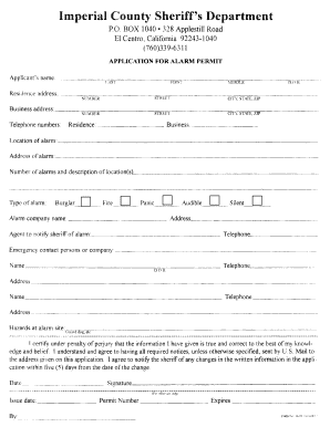 Alarm Permit Form the Imperial County Sheriff&amp;#39;s Office Icso
