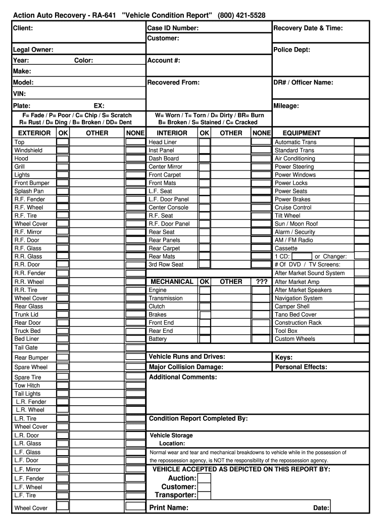 Printable Vehicle Condition Report Template  Form