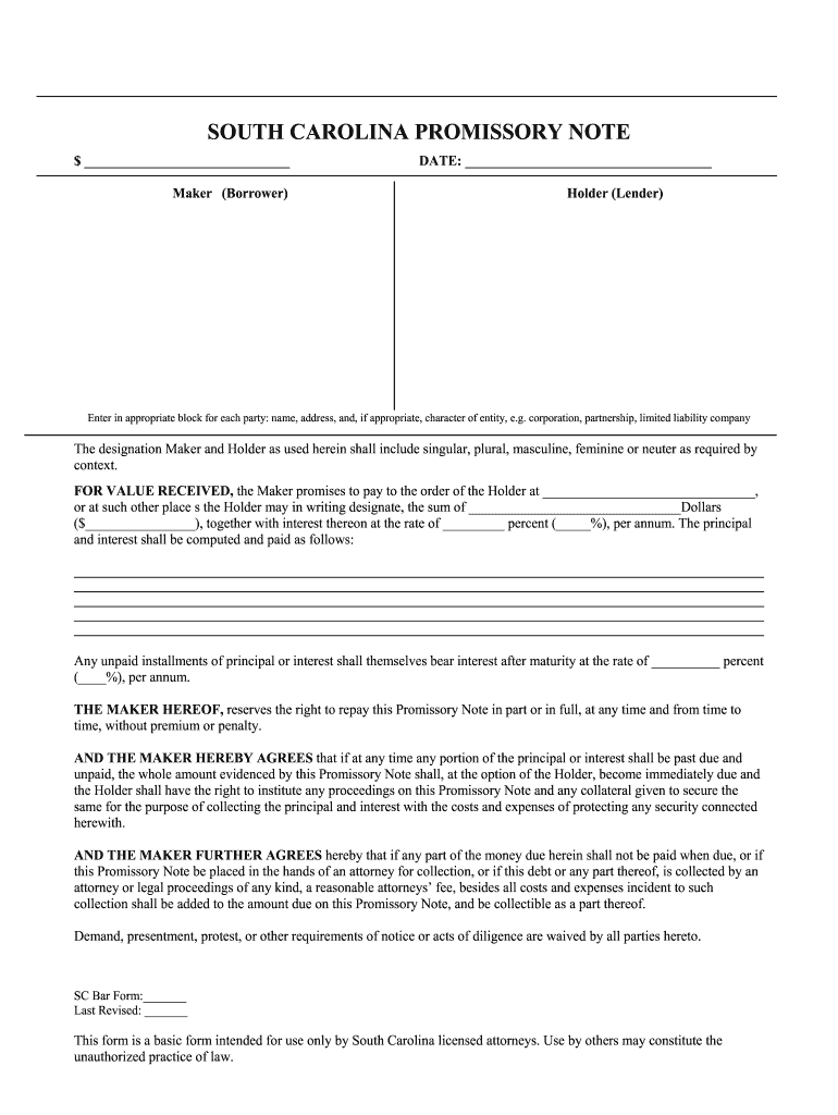 South Carolina Promissory Note  South Carolina Bar Association  Scbar  Form