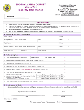 SPOTSYLVANIA COUNTY Meals Tax Monthly Remittance Commissioner of Revenue 9104 Courthouse Rd PO Box 175 Spotsylvania VA 22553 017  Form