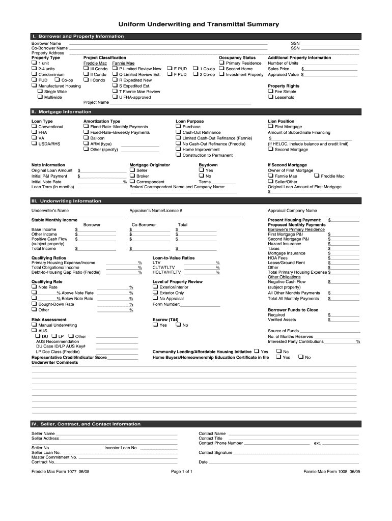  Uniform Underwriting and Transmittal Summary Form 1008 PDF 2005