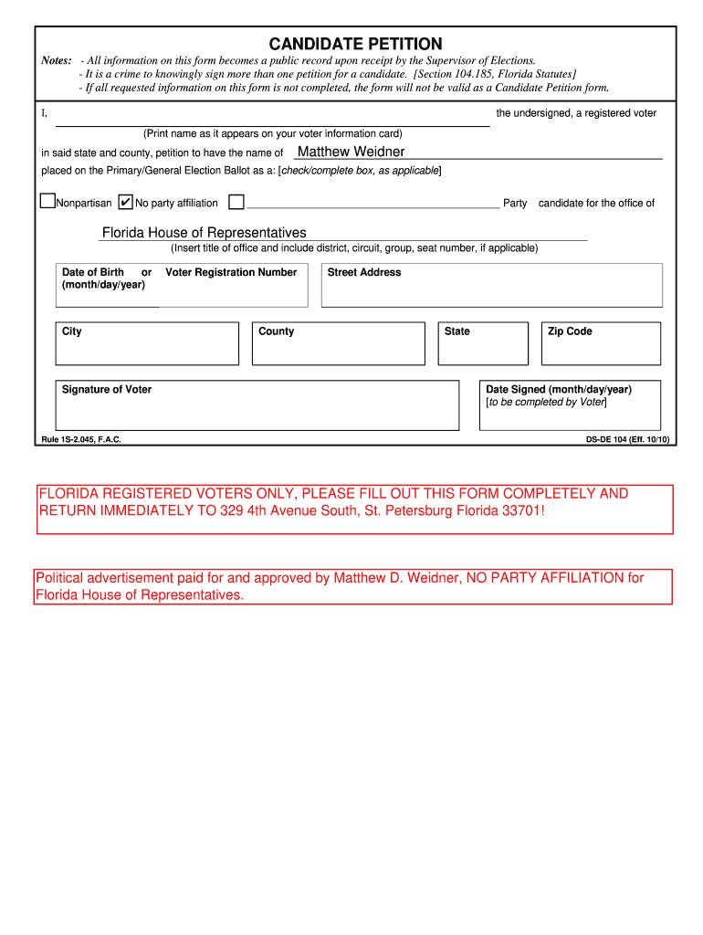 CANDIDATE PETITION  Matt Weidner Law  Form