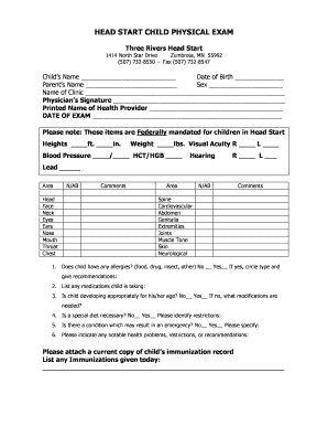  Printable Head Start Physical Form 2011