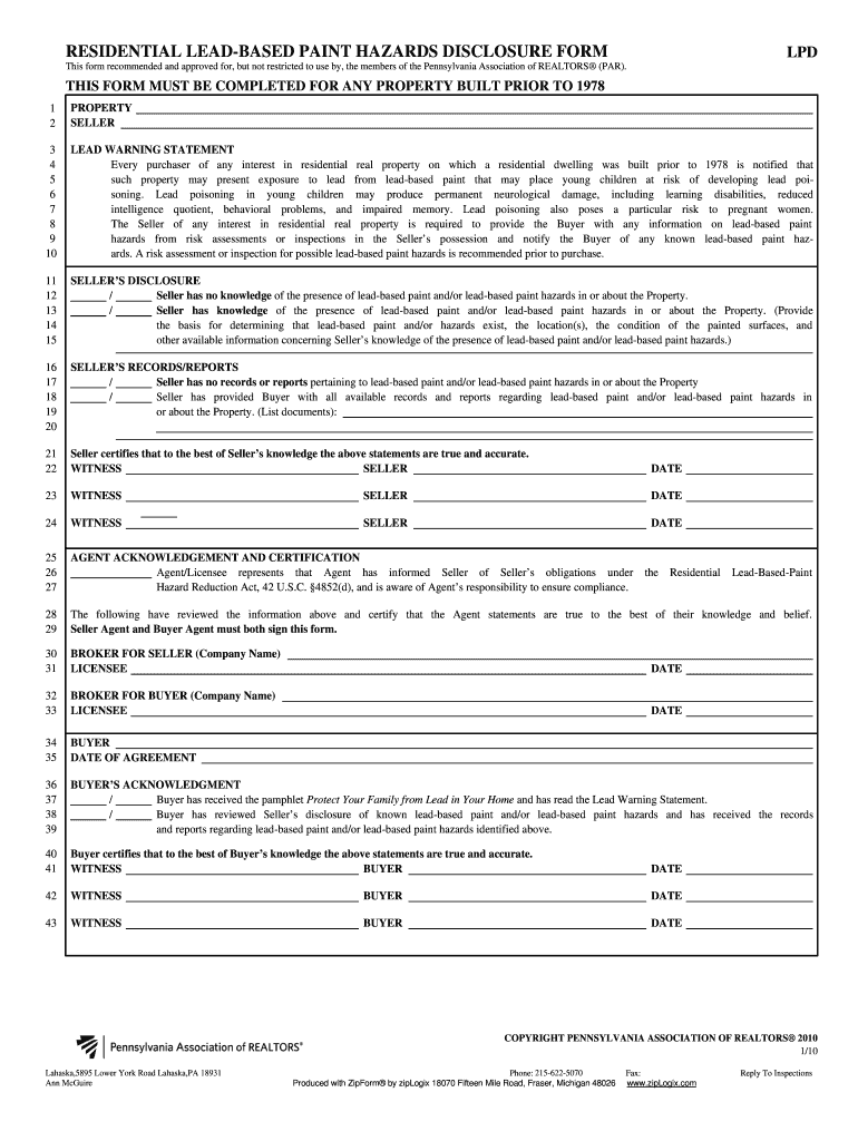 Lead Based Paint Disclosure Form Pa