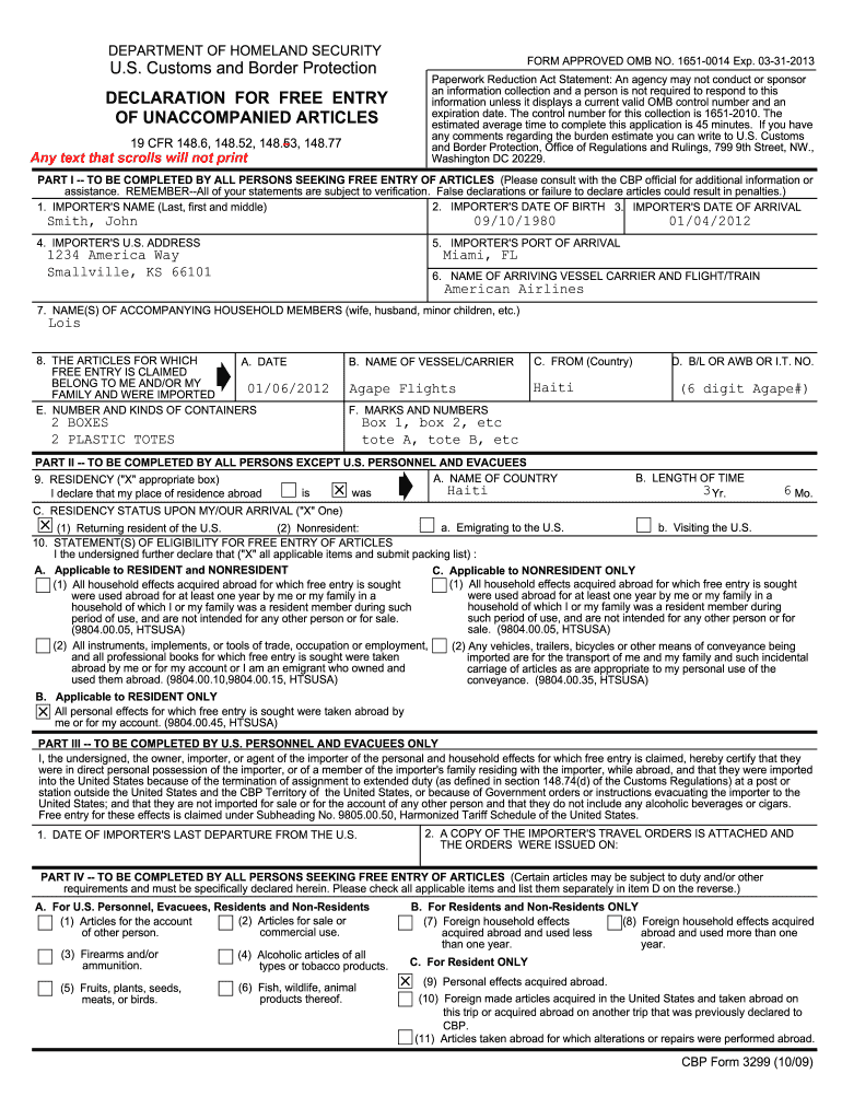  Customs Form 3299 2009