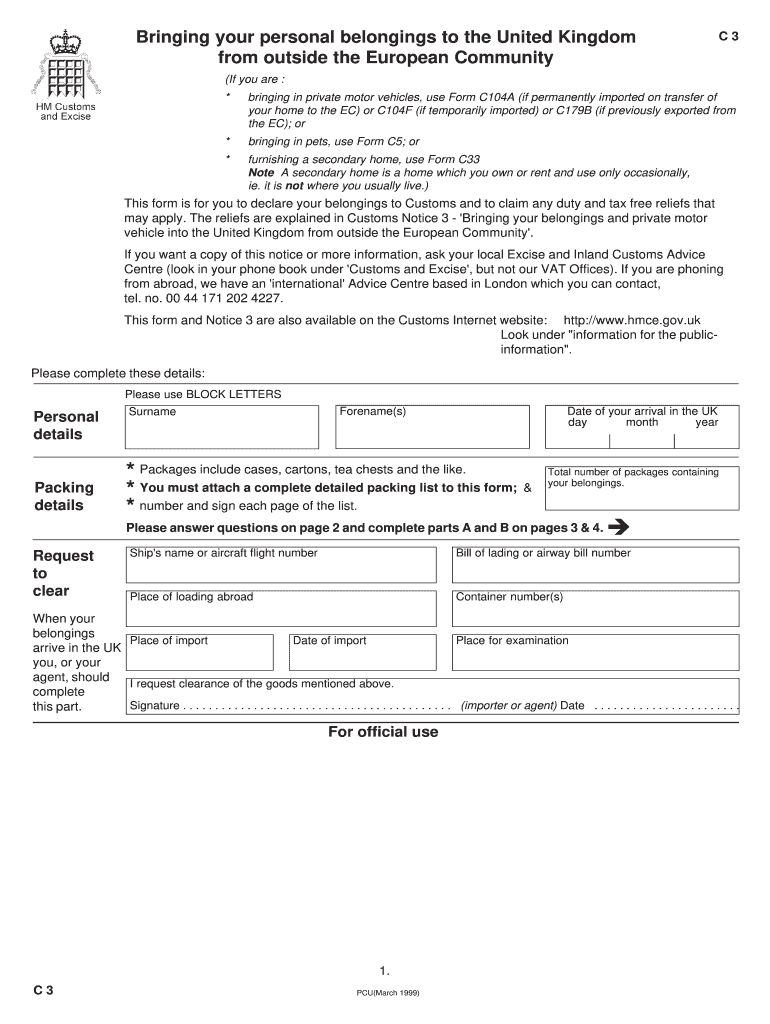  UK Customs Form C3 1999
