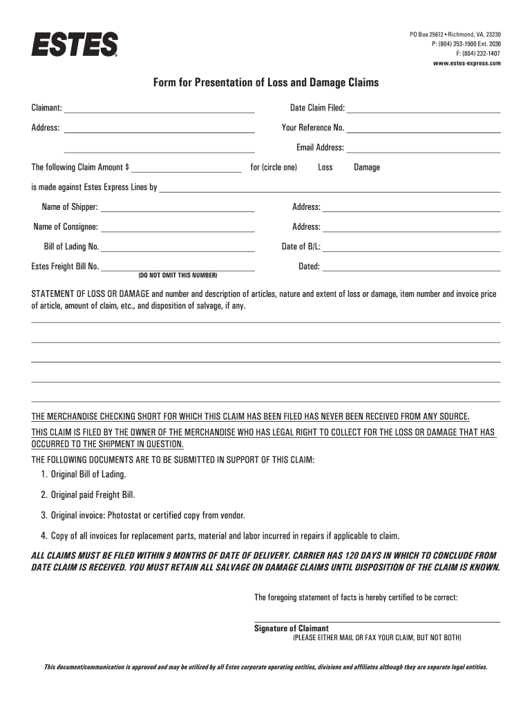 Estes Freight Claim Forms