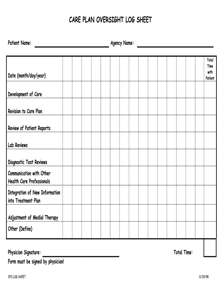 Care Plan Oversight Log Sheet  Form