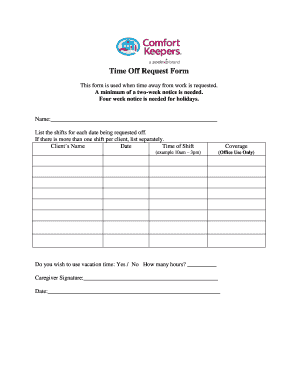 Time off Request Form Comfort Keepers