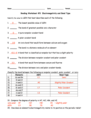 Bonding Worksheet 3 Electronegativity and Bond Type  Form
