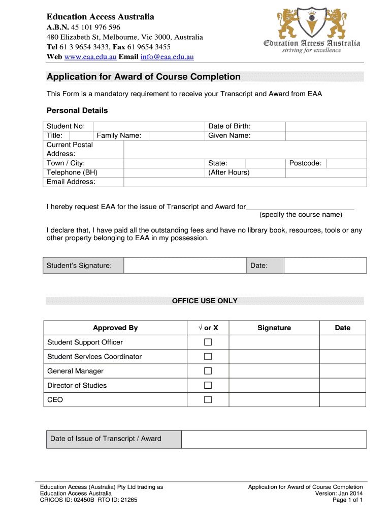  Education Access Australia Application for Award of Course Eaa Edu 2014-2024