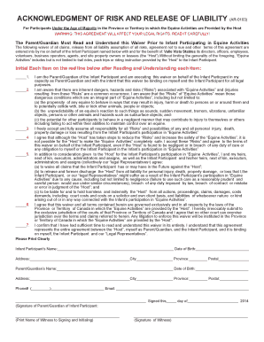 ACKNOWLEDGMENT of RISK and RELEASE of LIABILITY AR0103 for Participants under the Age of Majority in the Province or Territory I  Form