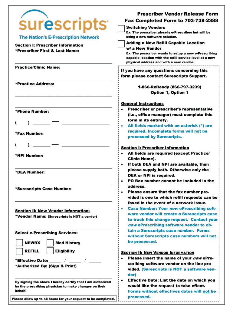 Prescriber Vendor Release Form Fax Completed Form to 703 Cphealthnet