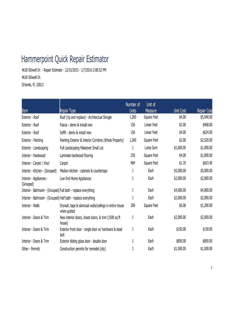 Hammerpoint Repair Estimator  Form