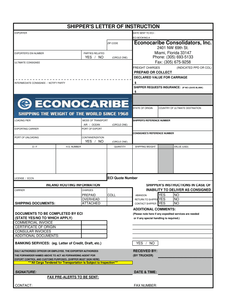 Ecu Worldwide Shippers Letter of Instruction Fillable  Form