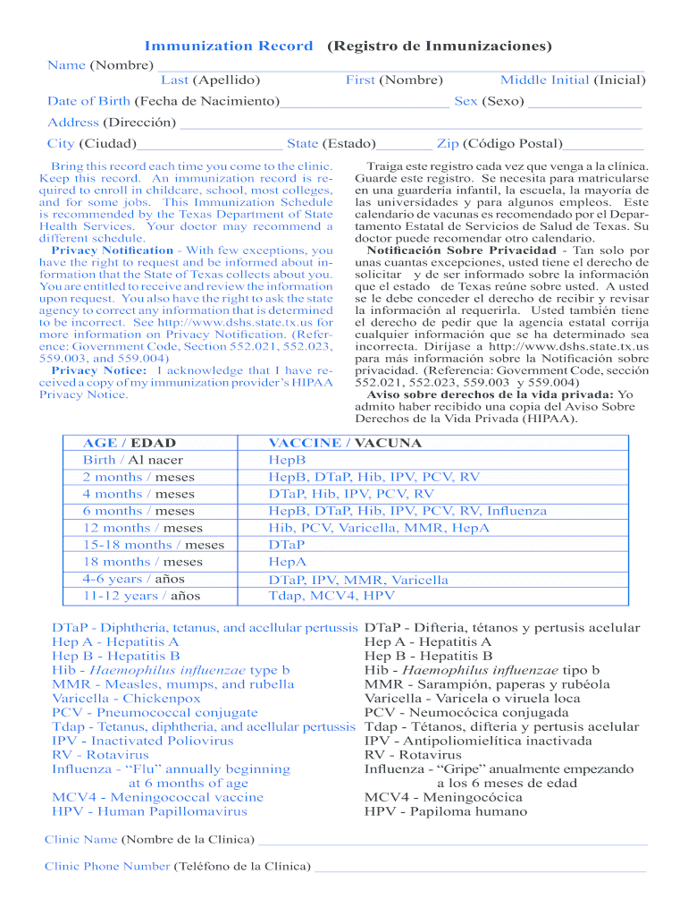  Immunization Record Registro De Inmunizaciones  Texas    Dshs Texas 2010-2024