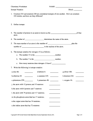 Chemistry Worksheet Isotope Notation  Form