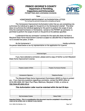 HOMEOWNER IMPROVEMENT AUTHORIZATION LETTER Princegeorgescountymd  Form
