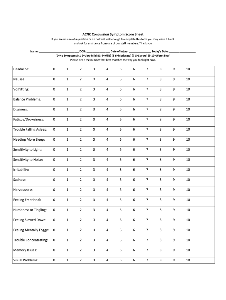 Concussion Symptom Score Sheet  Form