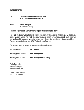 WARRANTY FORM to Toronto Community Housing Corp and MCW