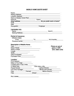 Mobile Home Quote Sheet PDF  Form