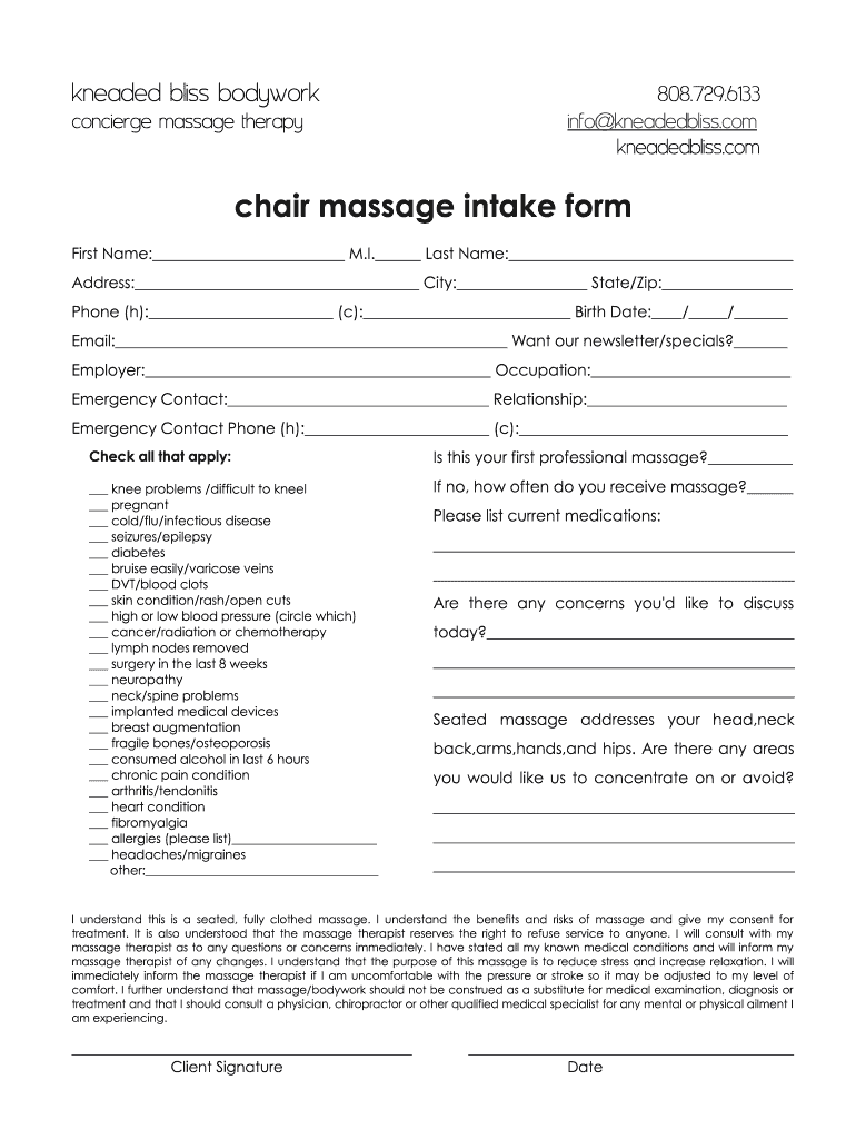 Kneaded Bliss Bodywork Chair Massage Intake Form