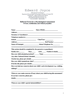 Referral Form for a Psychological Assessment