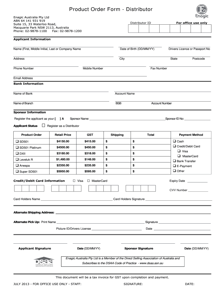  Australia Enagic Product Order Form 2013-2024