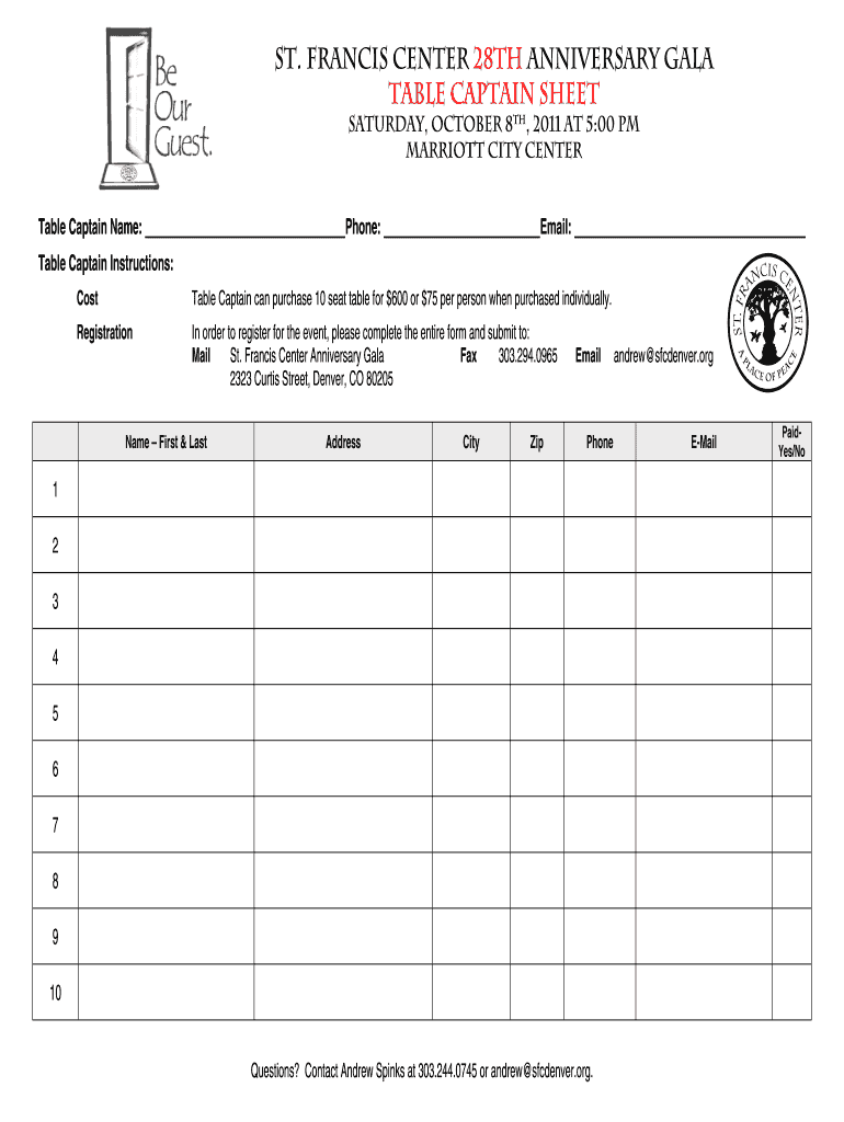  Table Captain Form Sfcdenver 2011-2024