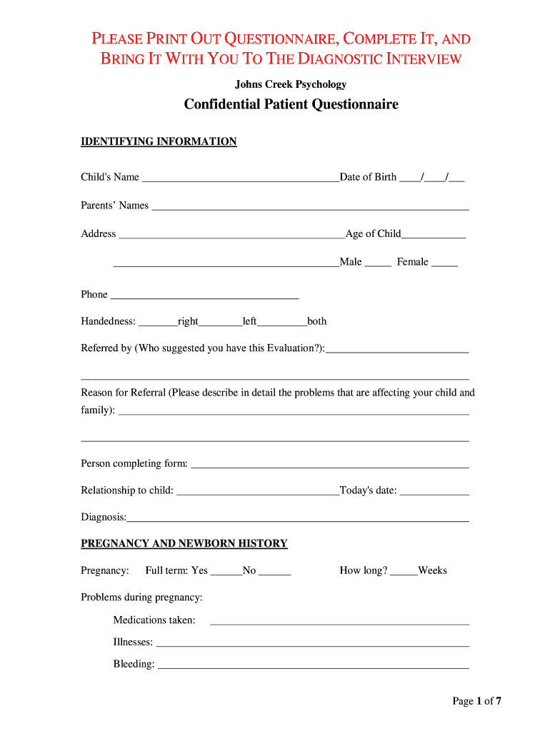 Johns Creek Psychology Confidential Patient Questionnaire  Form
