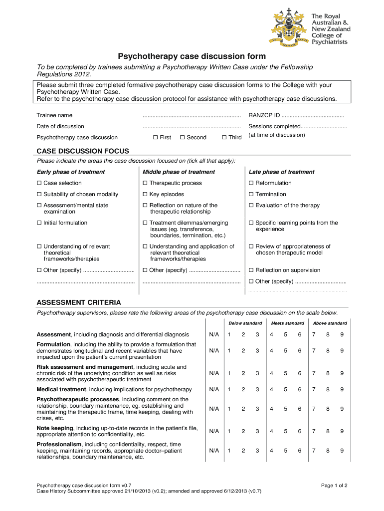  Psychotherapy Case Discussion Form Ranzcp 2013